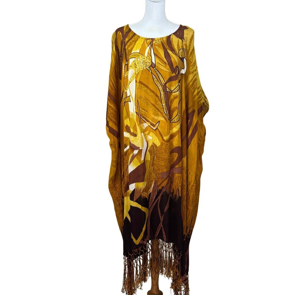 Erika Brooke gold/brown kaftan, statement, global artisan, ethnic, bohemian